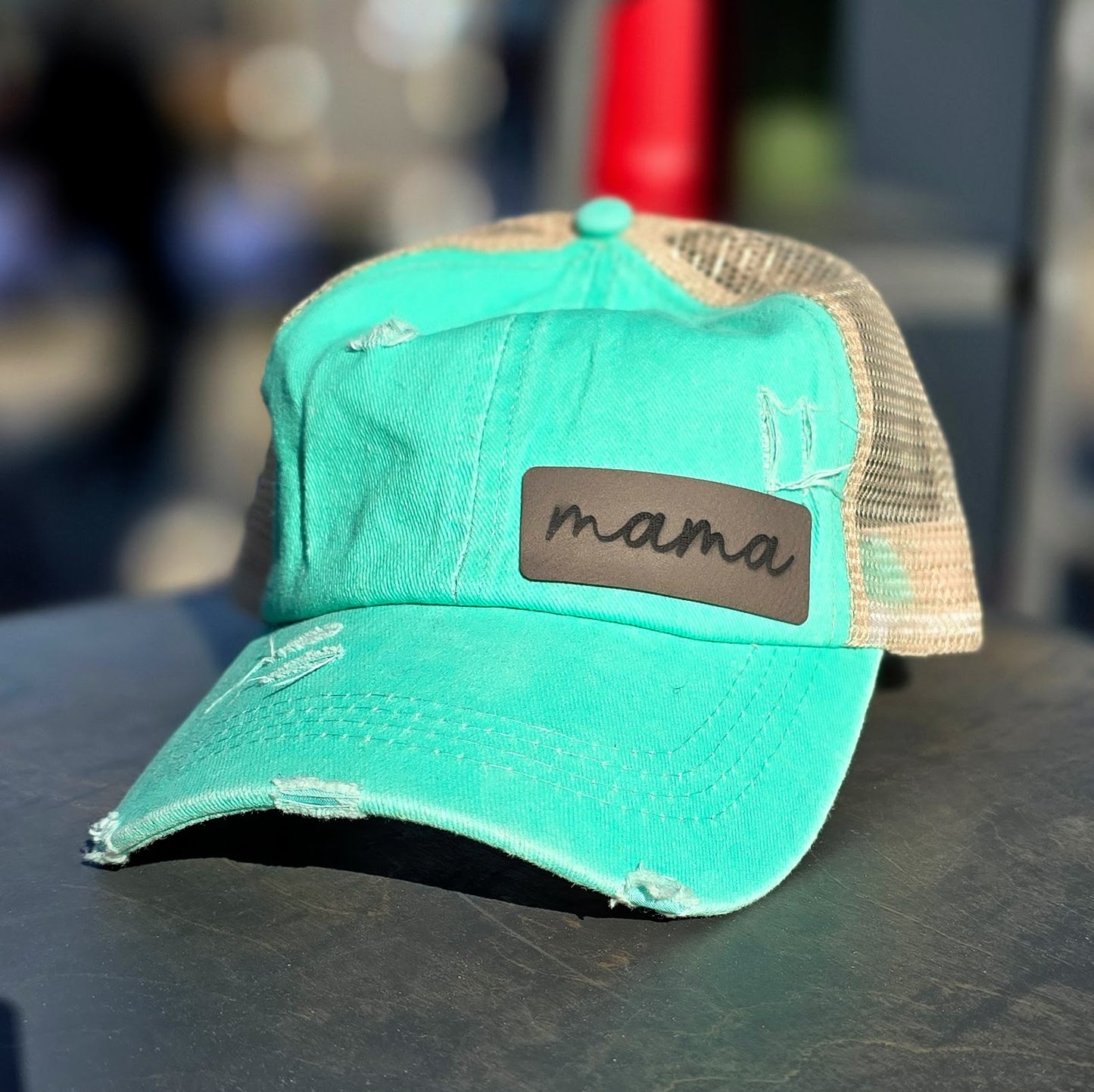 Distressed Ponytail Hat - Custom Engraved Leather Patch Available