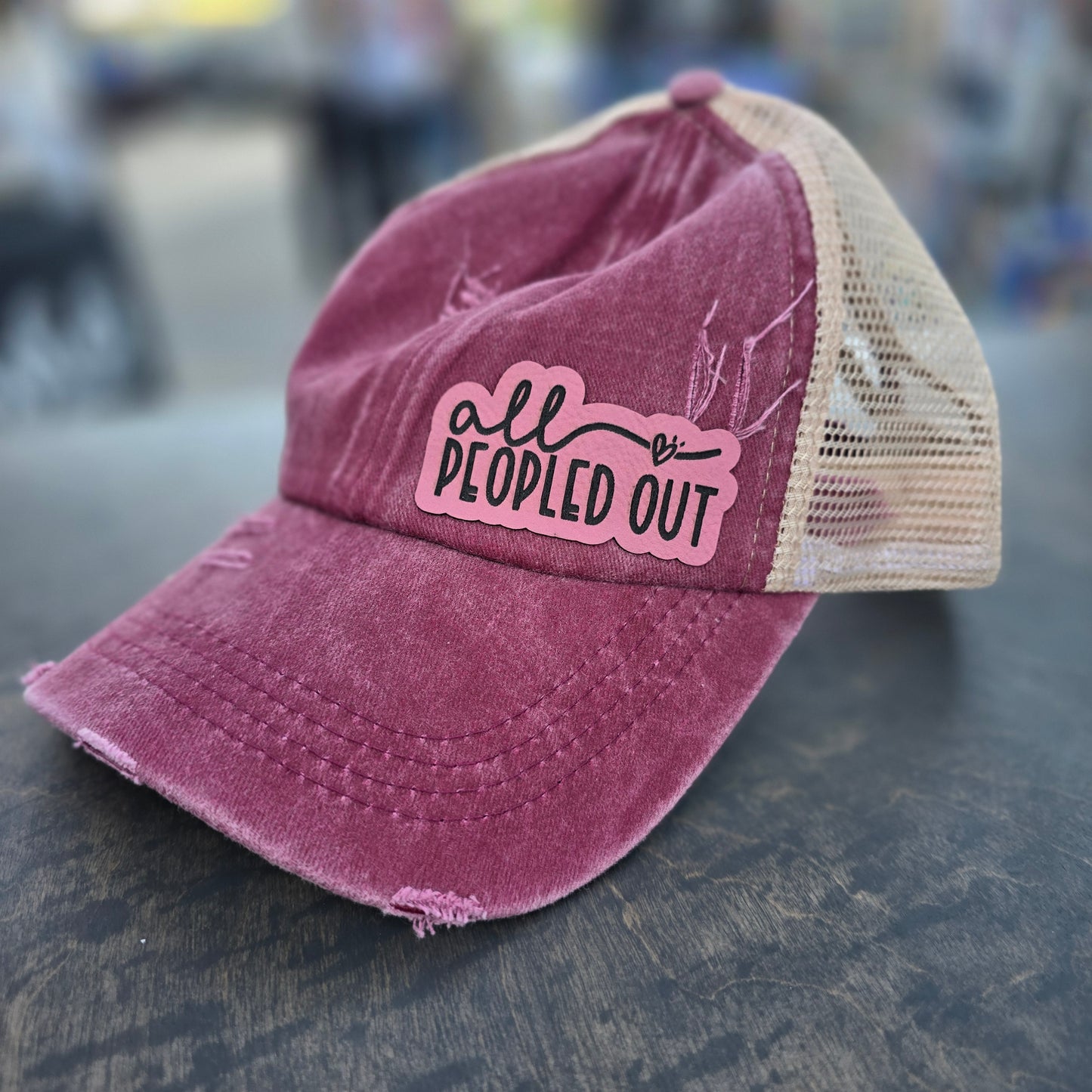 Distressed Ponytail Hat - Custom Engraved Leather Patch Available