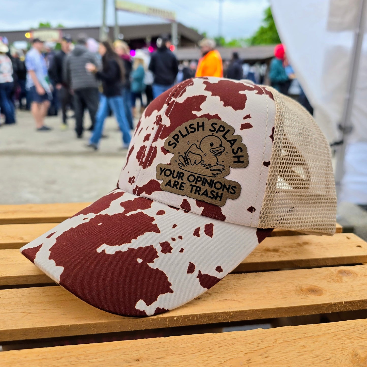 Distressed Ponytail Hat - Custom Engraved Leather Patch Available