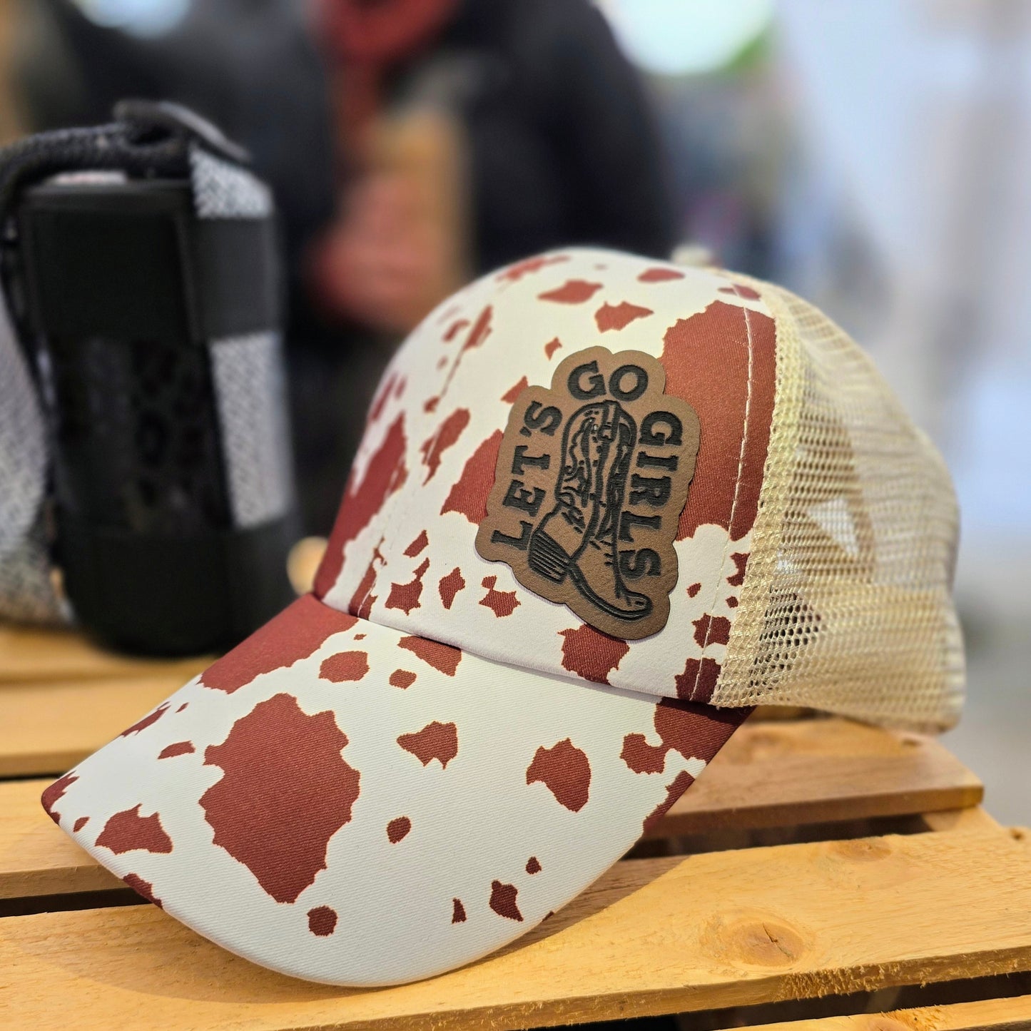 Distressed Ponytail Hat - Custom Engraved Leather Patch Available