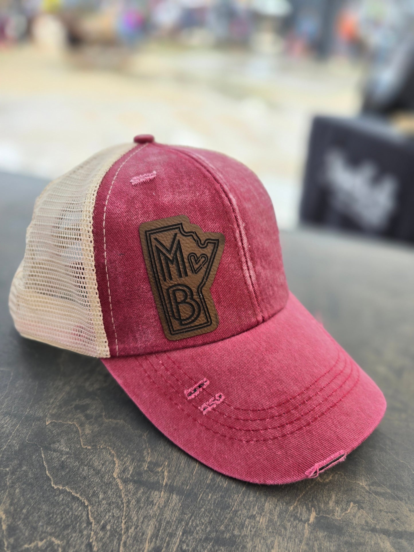 Distressed Ponytail Hat - Custom Engraved Leather Patch Available