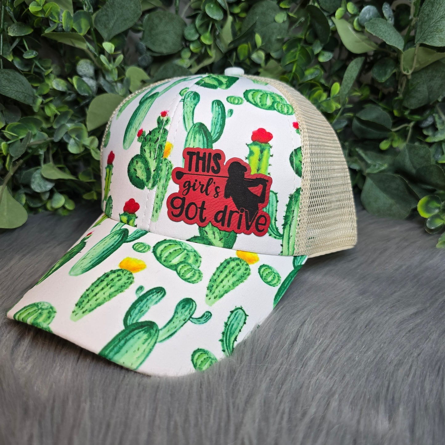 Distressed Ponytail Hat - Custom Engraved Leather Patch Available