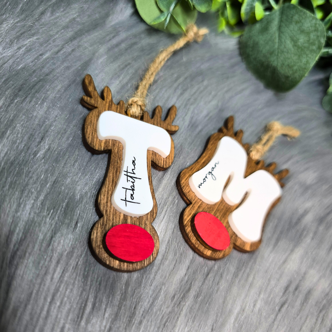 Custom Initial Reindeer Ornament - Wood & Acrylic