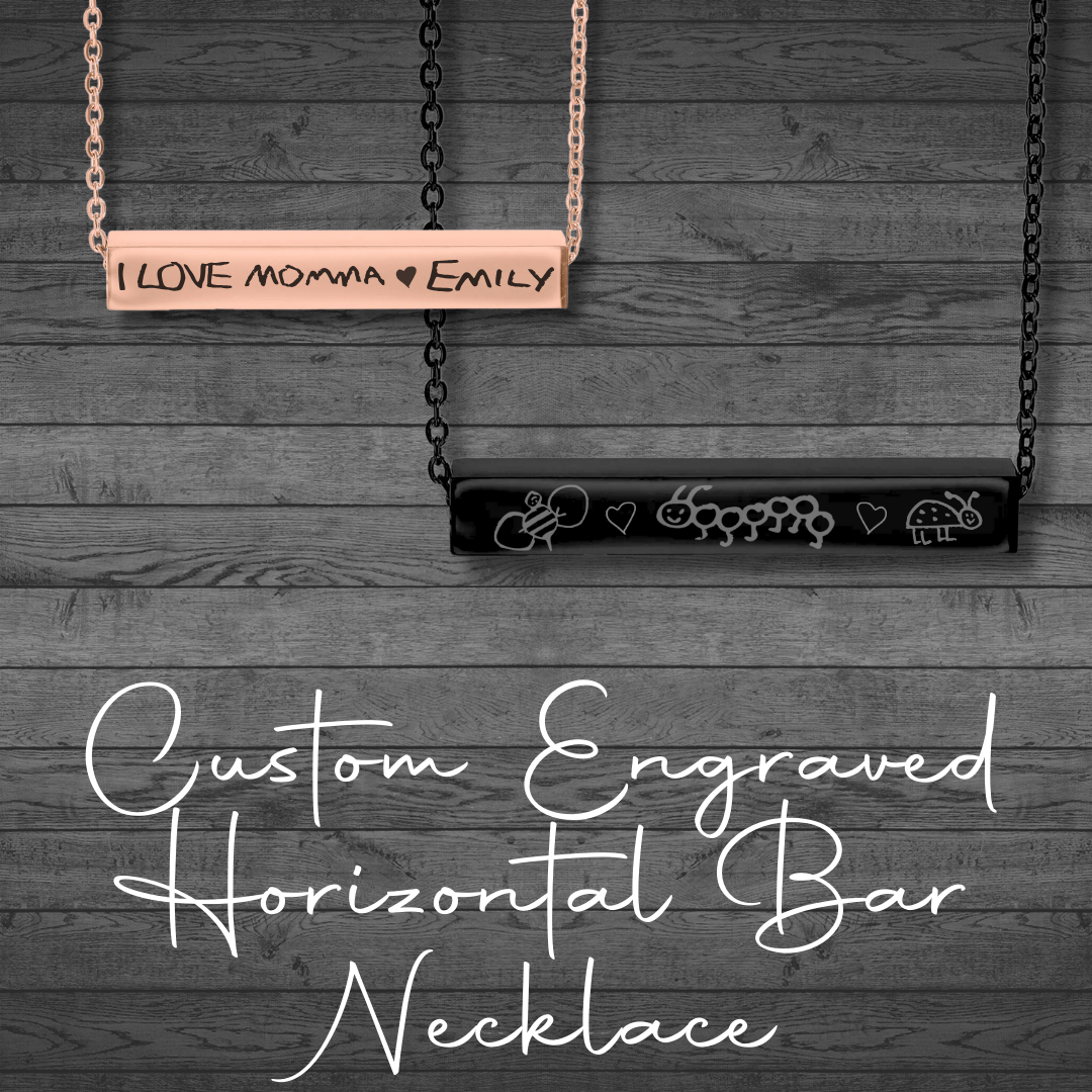 Text, Handwriting or Drawing Laser Engraved Horizontal Bar Necklace