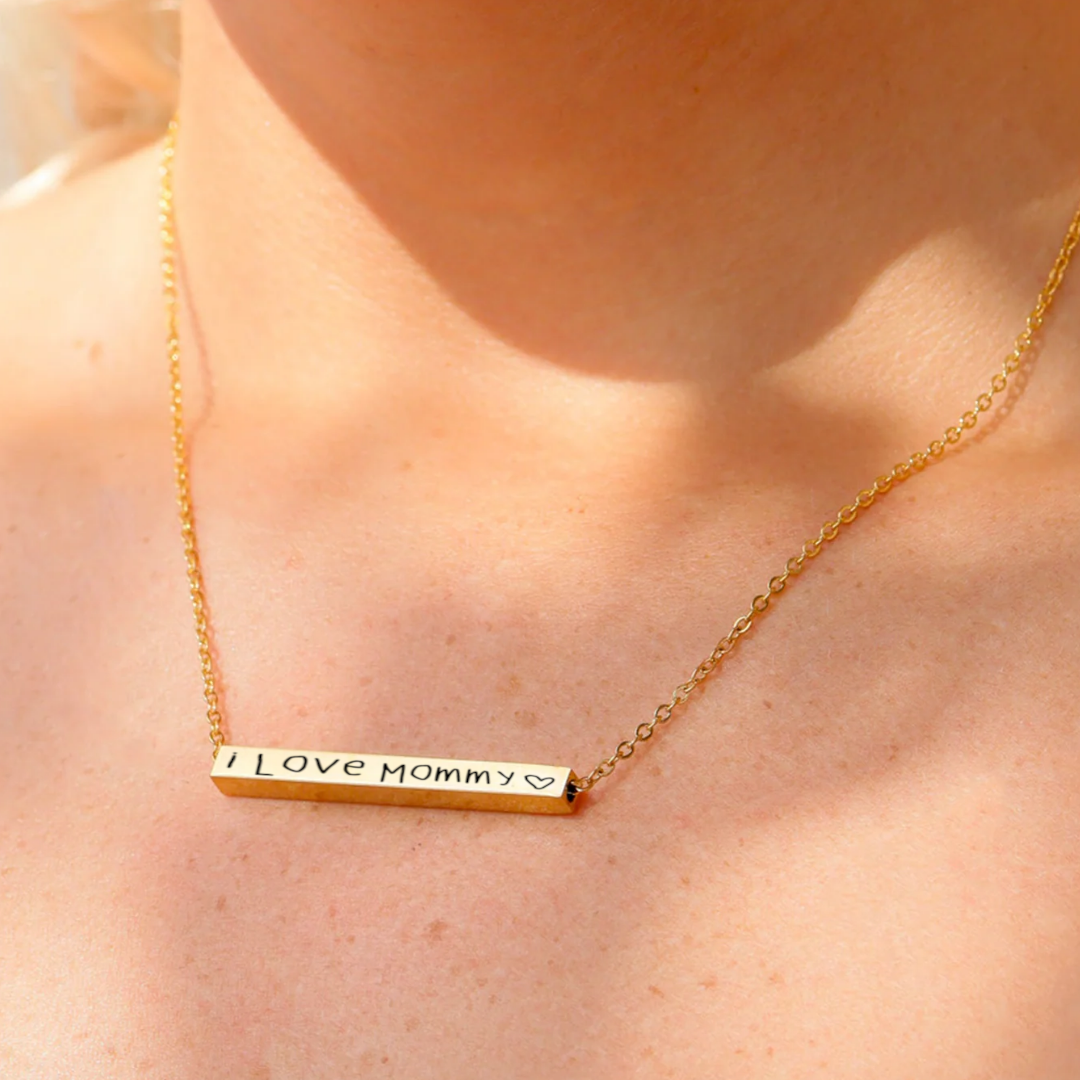 Text, Handwriting or Drawing Laser Engraved Horizontal Bar Necklace
