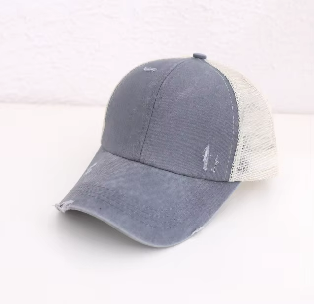 Distressed Ponytail Hat - Custom Engraved Leather Patch Available