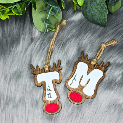 Custom Initial Reindeer Ornament - Wood & Acrylic