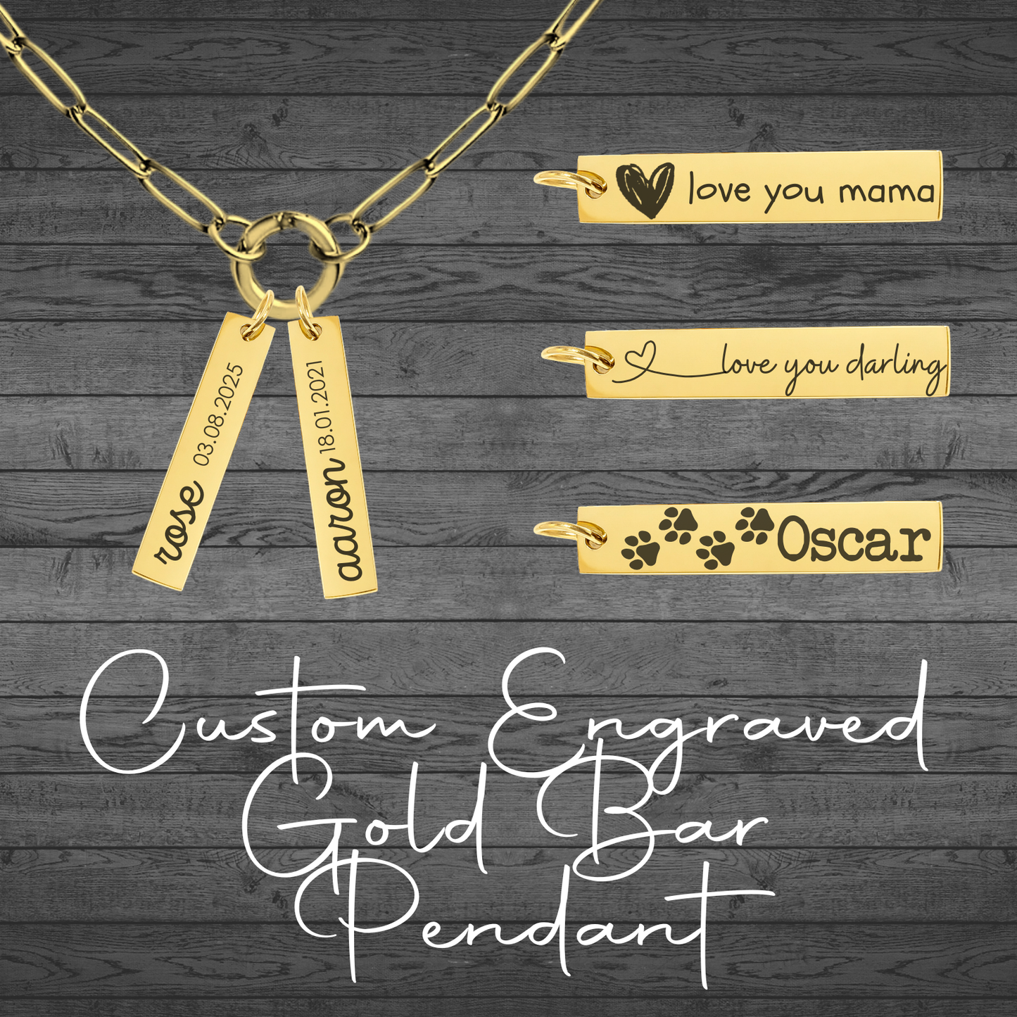 Text, Handwriting or Drawing Laser Engraved Gold Bar Pendant