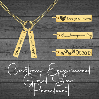 Text, Handwriting or Drawing Laser Engraved Gold Bar Pendant
