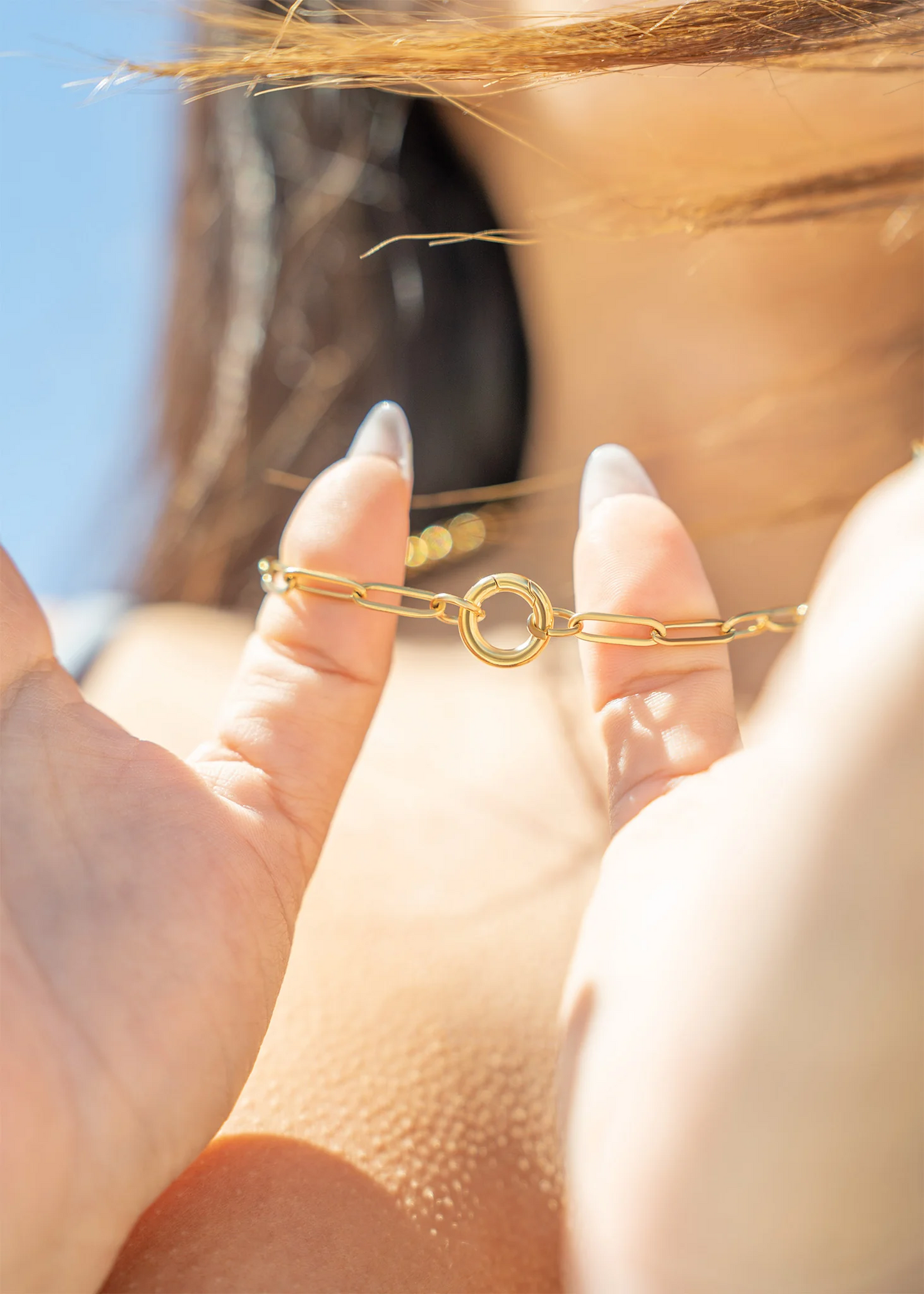 Gold Paperclip Chain Necklace with Mini Circle Carabiner