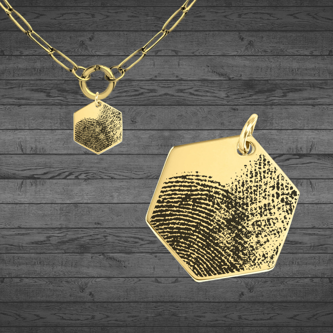 Fingerprint Engraved Gold Hexagon Pendant
