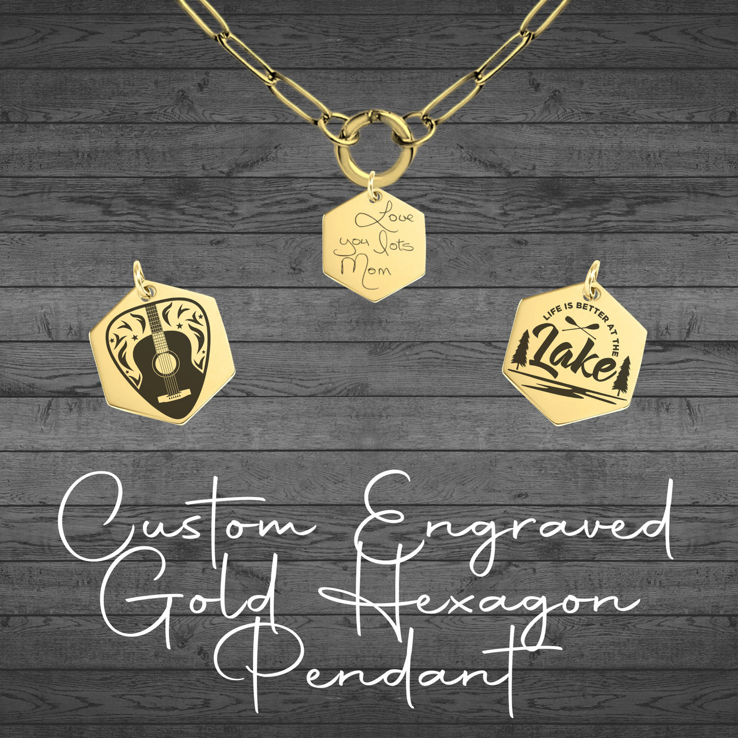 Text, Handwriting or Drawing Laser Engraved Gold Hexagon Pendant