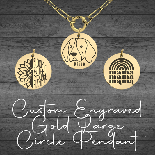Text, Handwriting or Drawing Laser Engraved Gold Large Circle Pendant