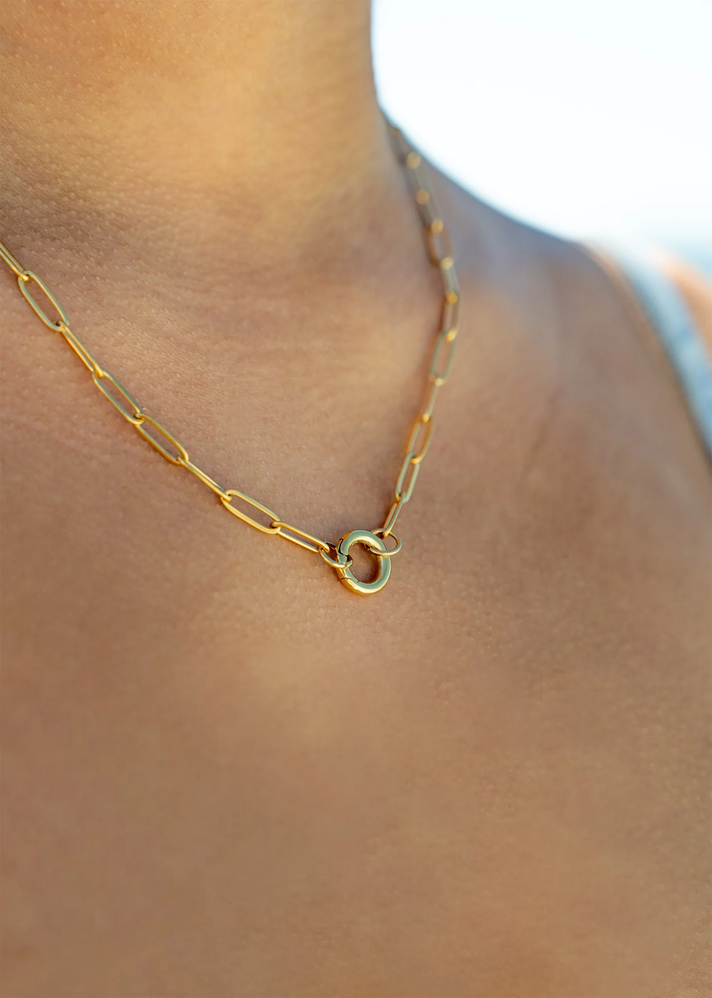 Gold Paperclip Chain Necklace with Mini Circle Carabiner