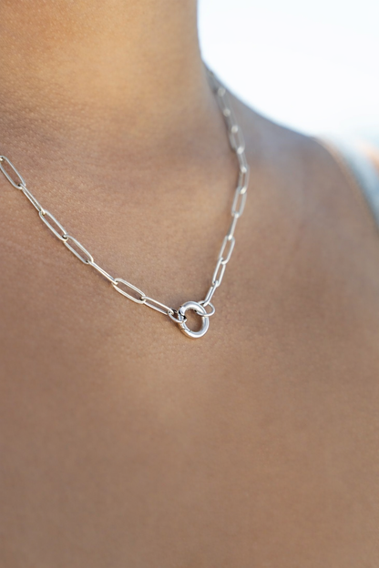 Silver Paperclip Chain Necklace with Mini Circle Carabiner