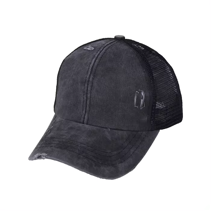 Distressed Ponytail Hat - Custom Engraved Leather Patch Available