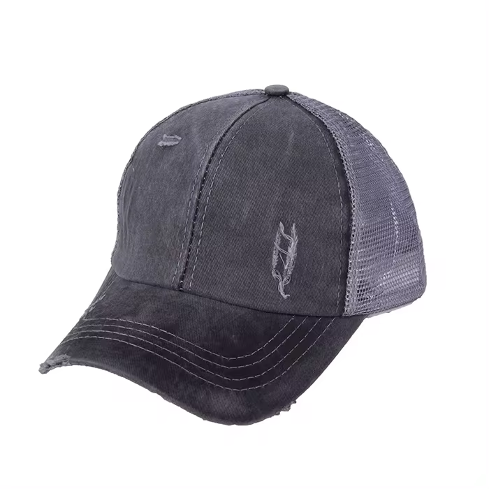 Distressed Ponytail Hat - Custom Engraved Leather Patch Available