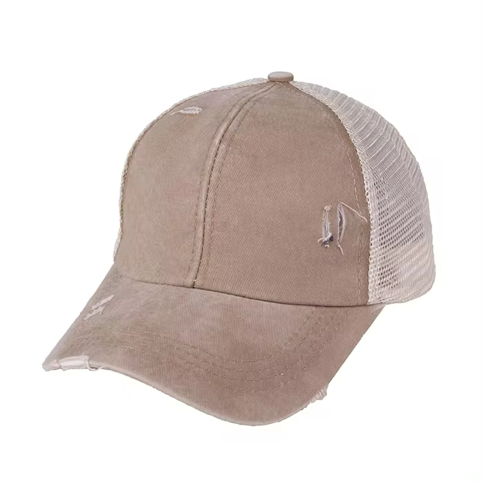 Distressed Ponytail Hat - Custom Engraved Leather Patch Available