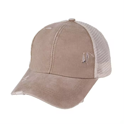 Distressed Ponytail Hat - Custom Engraved Leather Patch Available