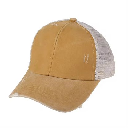 Distressed Ponytail Hat - Custom Engraved Leather Patch Available